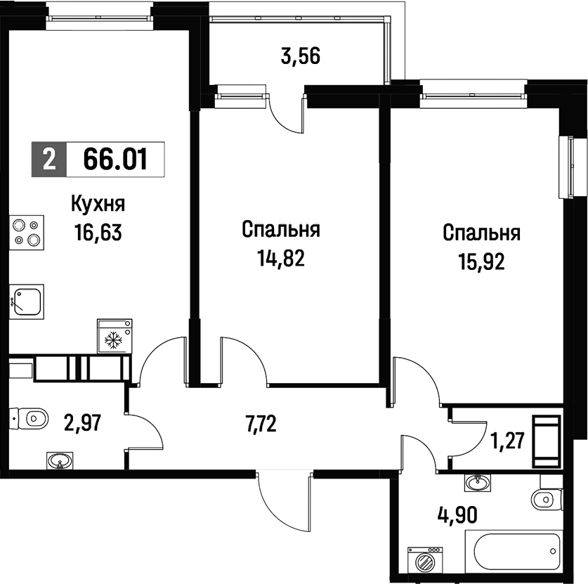 2-комнатная квартира 66.01 м², 4/16 эт., ЖК «Фотограф»