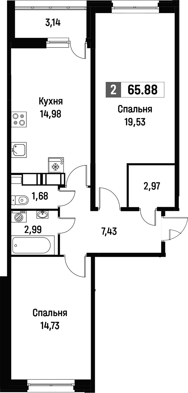 2-комнатная квартира 65.88 м², 16/16 эт., ЖК «Фотограф»