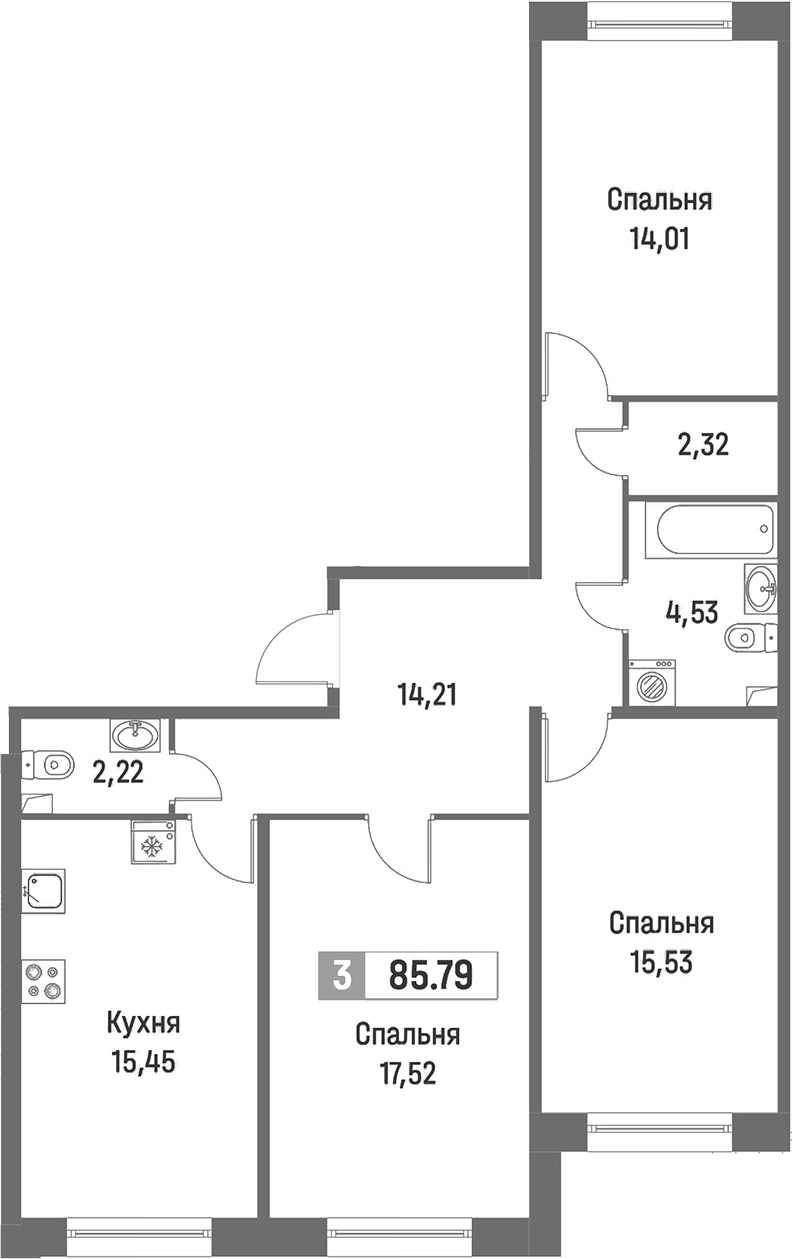 3-комнатная квартира 85.79 м², 1/16 эт., ЖК «Фотограф»