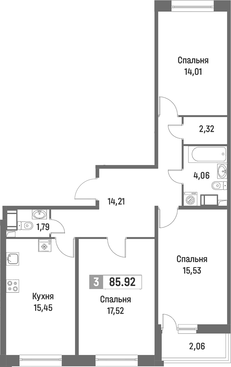 3-комнатная квартира 85.92 м², 2/16 эт., ЖК «Фотограф»