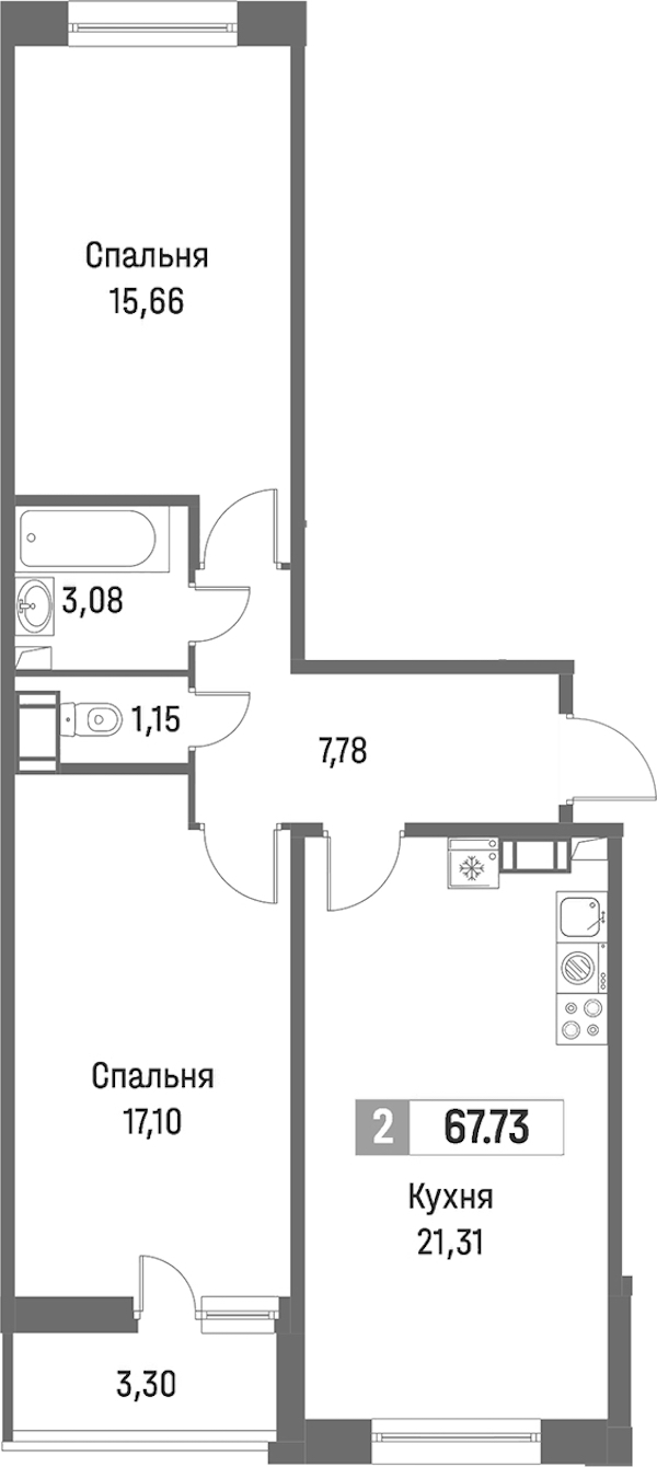 2-комнатная квартира 67.73 м², 3/16 эт., ЖК «Фотограф»