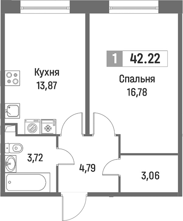 1-комнатная квартира 42.92 м², 1/16 эт., ЖК «Фотограф»