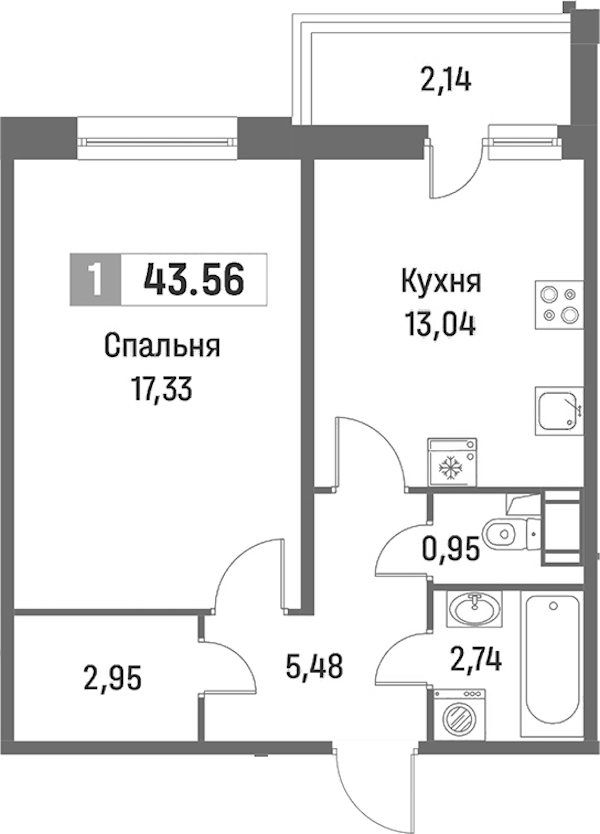 1-комнатная квартира 43.56 м², 12/16 эт., ЖК «Фотограф»