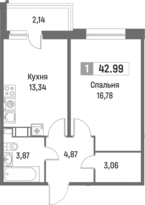 1-комнатная квартира 42.99 м², 14/16 эт., ЖК «Фотограф»