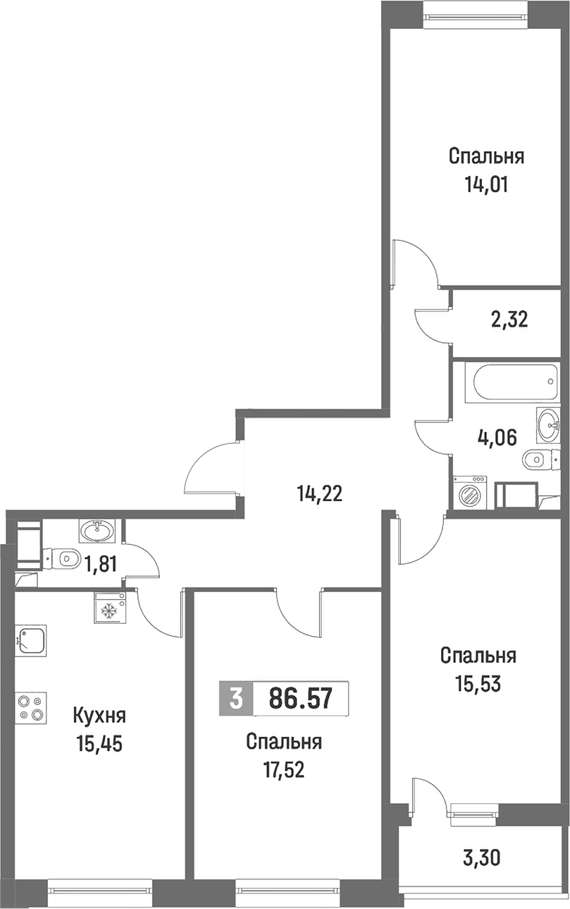 3-комнатная квартира 86.57 м², 12/16 эт., ЖК «Фотограф»
