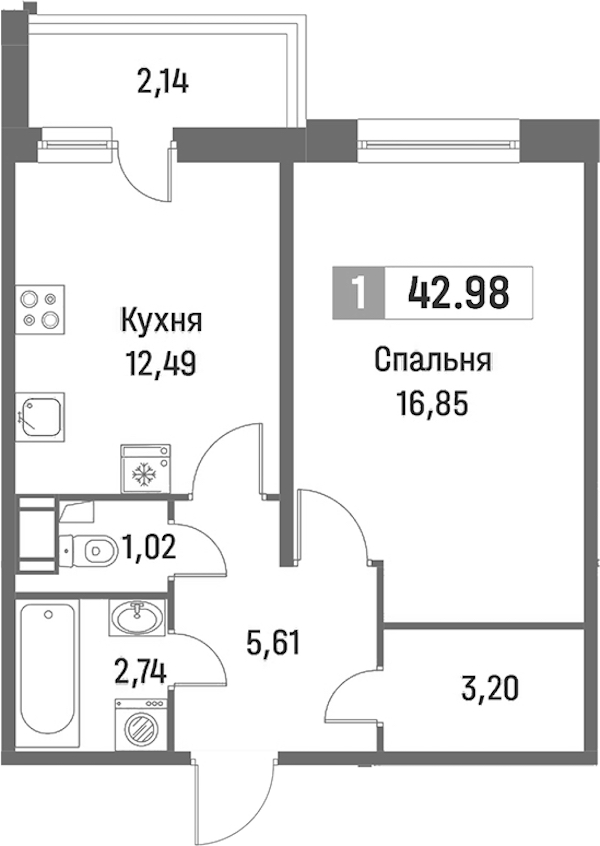 1-комнатная квартира 42.98 м², 13/16 эт., ЖК «Фотограф»