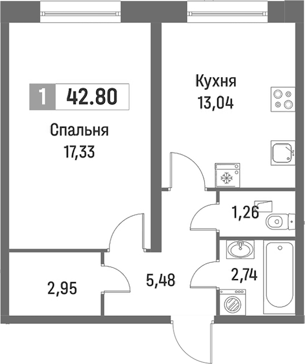 1-комнатная квартира 42.8 м², 1/16 эт., ЖК «Фотограф»
