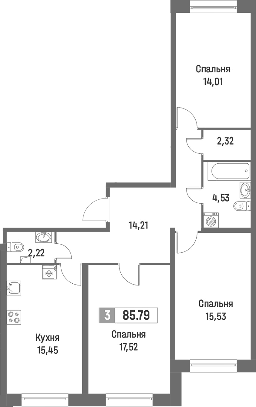 3-комнатная квартира 85.79 м², 1/16 эт., ЖК «Фотограф»