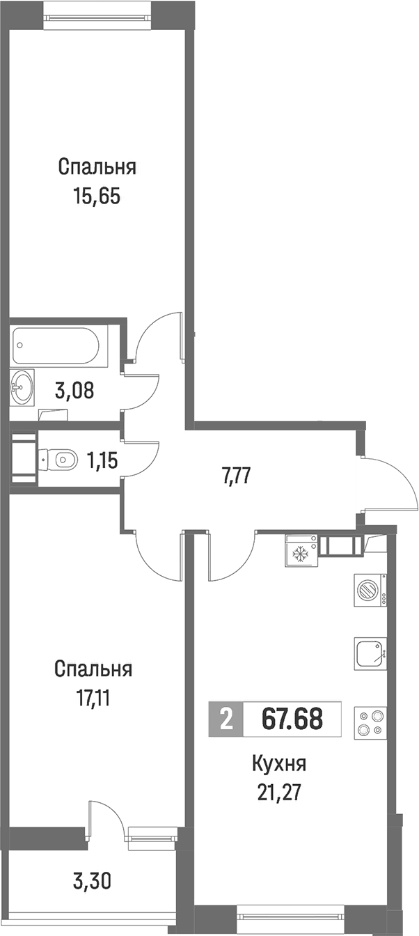 2-комнатная квартира 67.68 м², 5/16 эт., ЖК «Фотограф»