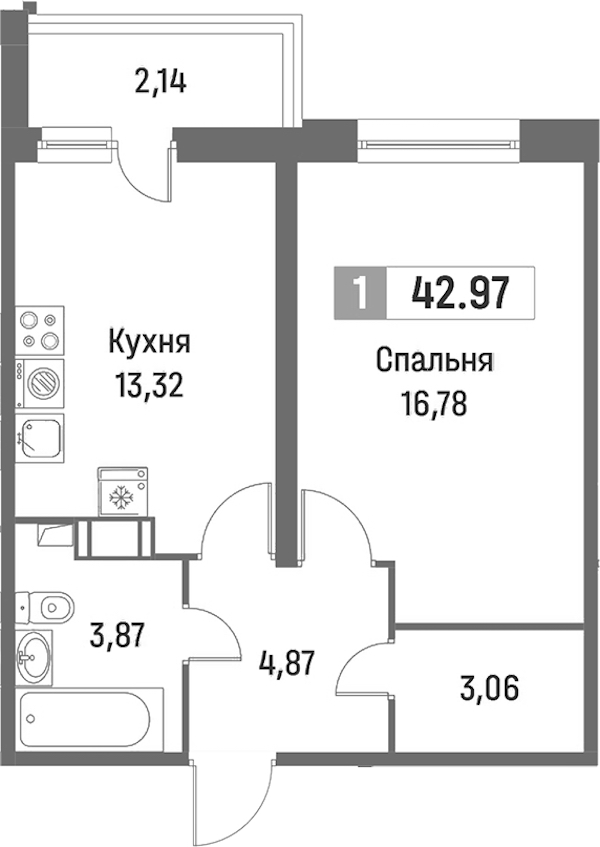 1-комнатная квартира 42.97 м², 10/16 эт., ЖК «Фотограф»
