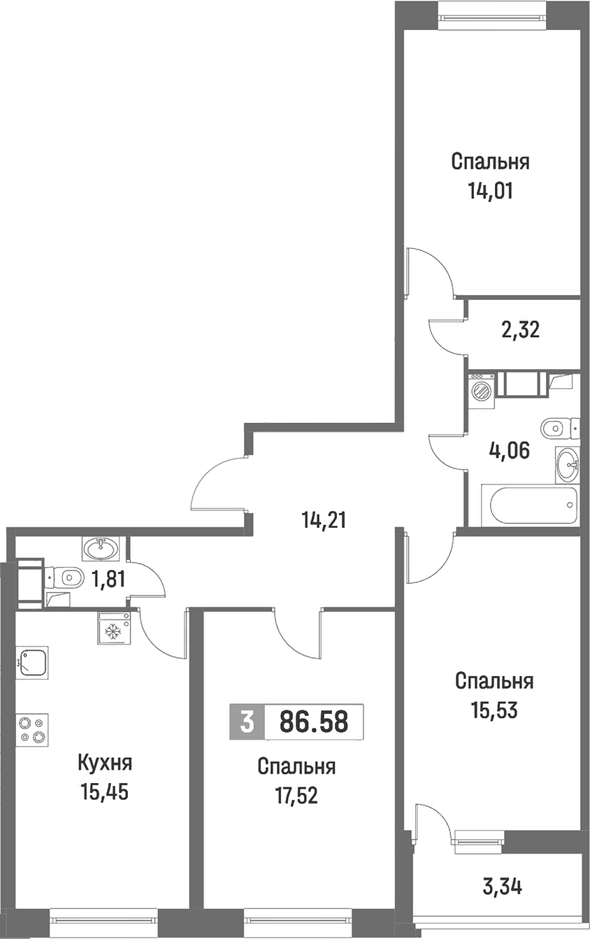 3-комнатная квартира 86.58 м², 12/16 эт., ЖК «Фотограф»
