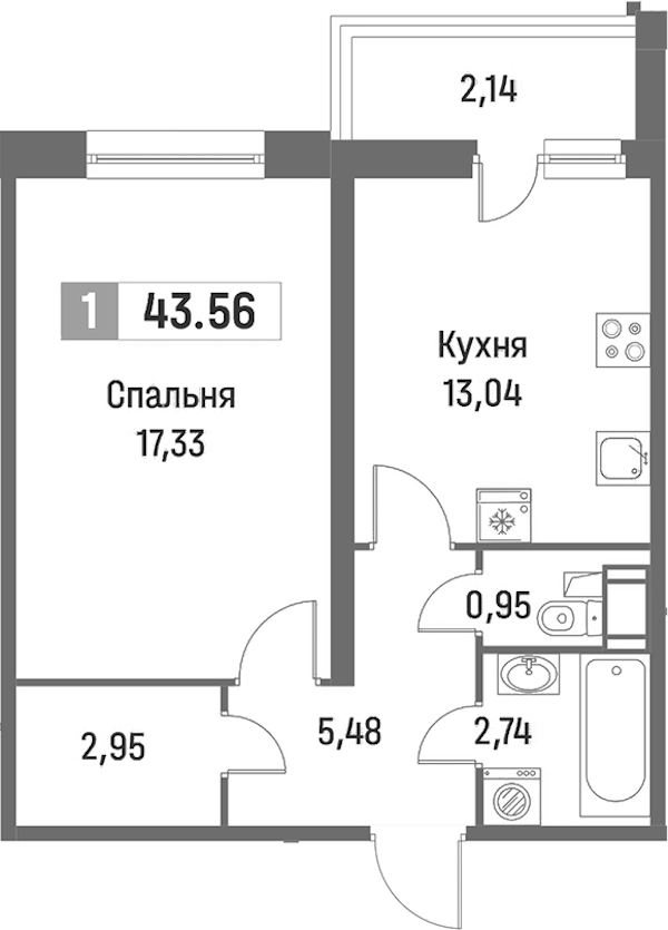 1-комнатная квартира 43.56 м², 16/16 эт., ЖК «Фотограф»