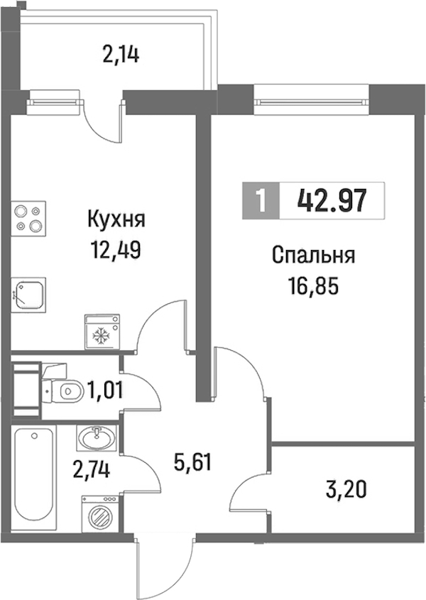 1-комнатная квартира 42.97 м², 13/16 эт., ЖК «Фотограф»