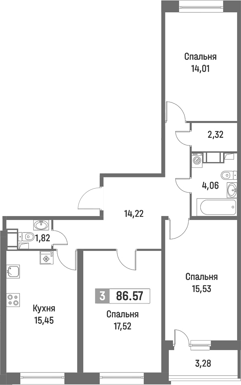3-комнатная квартира 86.57 м², 13/16 эт., ЖК «Фотограф»