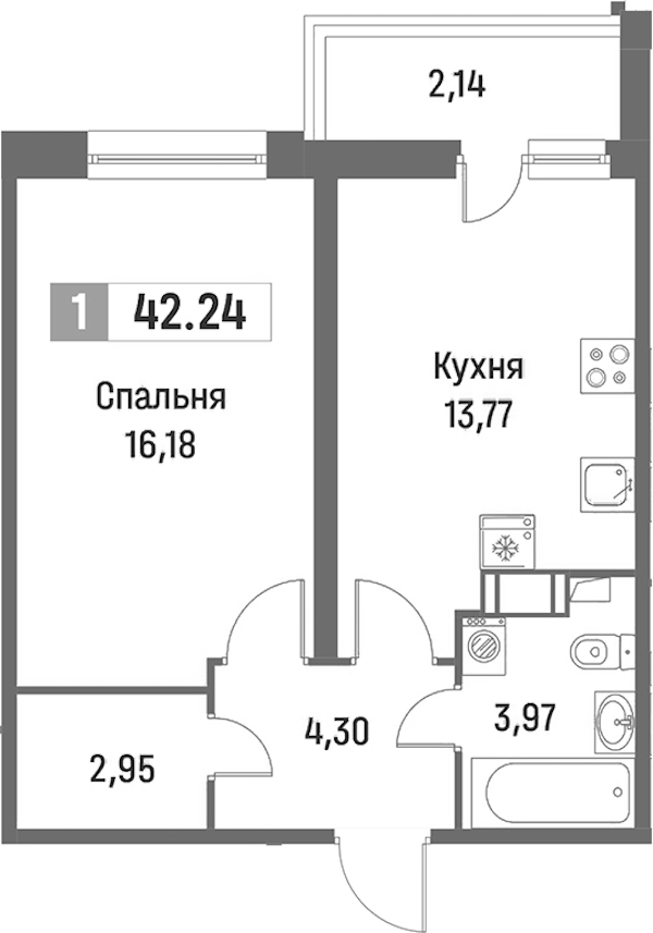 1-комнатная квартира 42.24 м², 15/16 эт., ЖК «Фотограф»