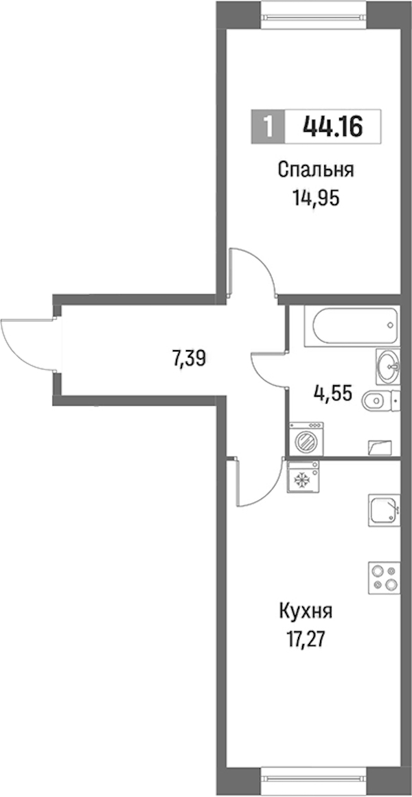 1-комнатная квартира 44.16 м², 1/16 эт., ЖК «Фотограф»