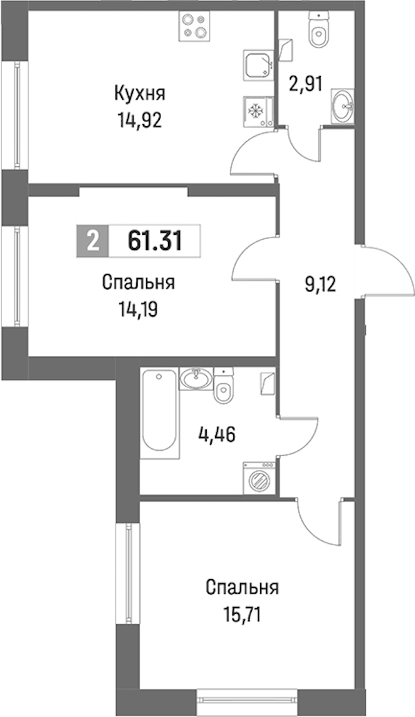 2-комнатная квартира 61.31 м², 1/16 эт., ЖК «Фотограф»