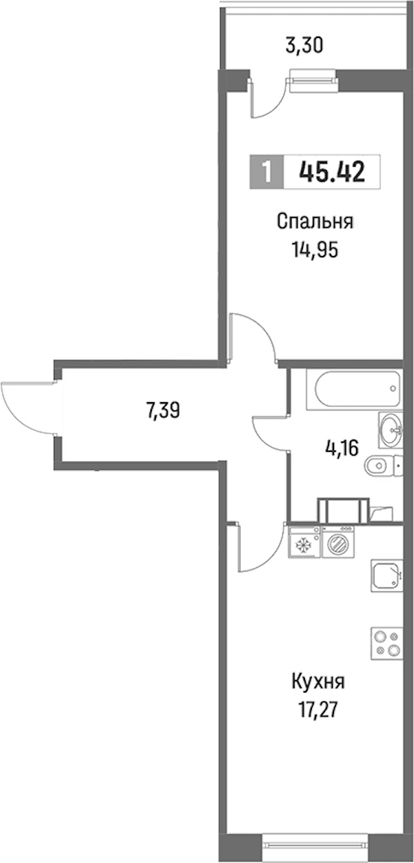 1-комнатная квартира 45.42 м², 2/16 эт., ЖК «Фотограф»