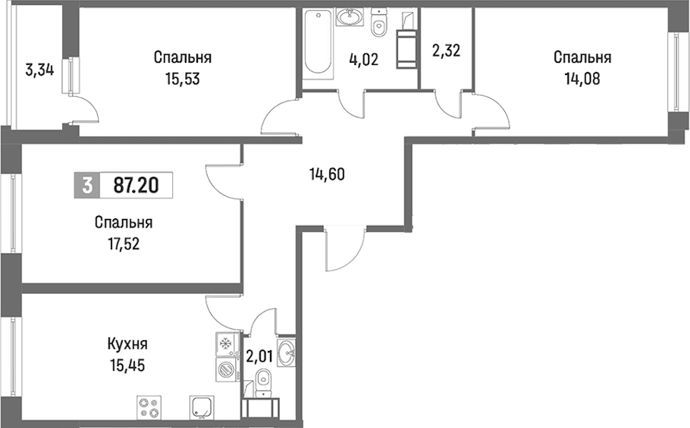 3-комнатная квартира 87.2 м², 3/16 эт., ЖК «Фотограф»