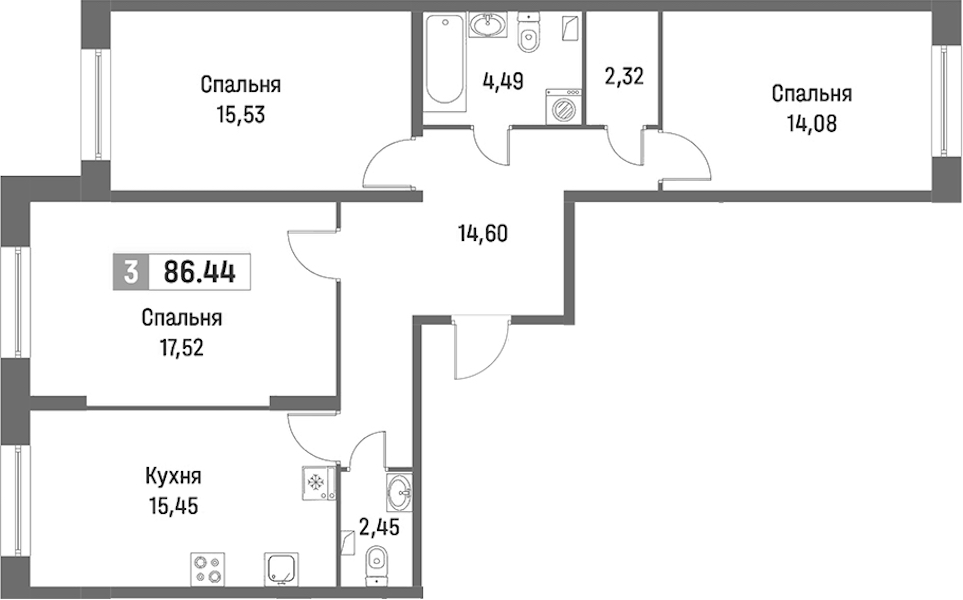 3-комнатная квартира 86.44 м², 1/16 эт., ЖК «Фотограф»