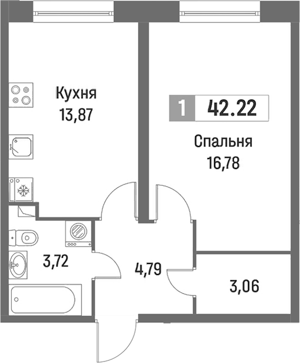 1-комнатная квартира 42.22 м², 1/16 эт., ЖК «Фотограф»