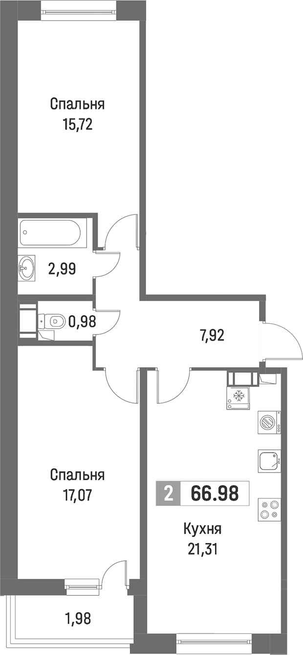 2-комнатная квартира 66.98 м², 8/16 эт., ЖК «Фотограф»