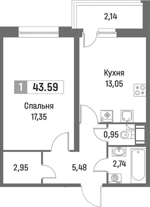 1-комнатная квартира 43.59 м², 12/16 эт., ЖК «Фотограф»