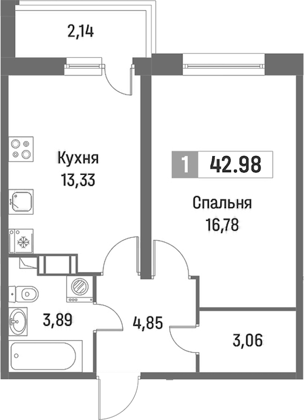 1-комнатная квартира 42.98 м², 13/16 эт., ЖК «Фотограф»