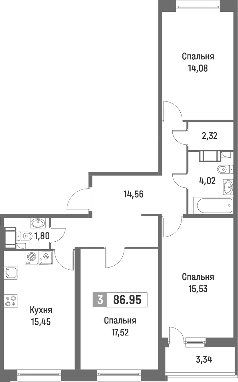 3-комнатная квартира 86.95 м², 14/16 эт., ЖК «Фотограф»