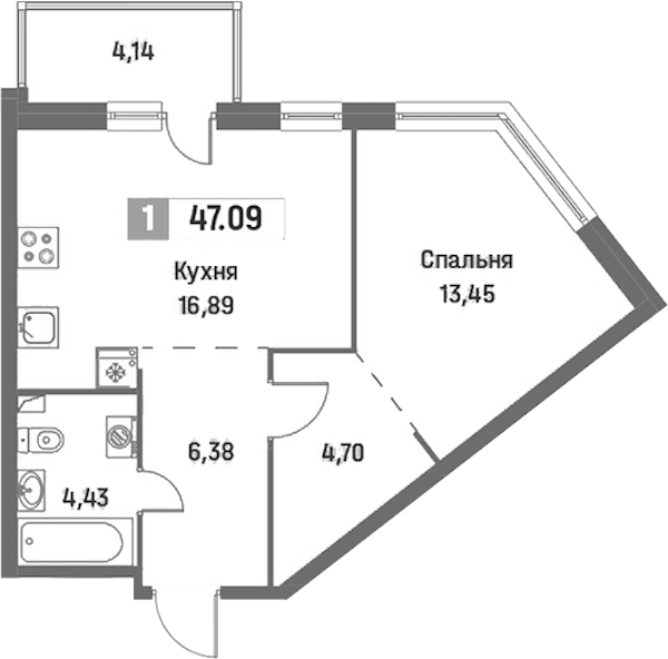 1-комнатная квартира 47.09 м², 2/16 эт., ЖК «Фотограф»