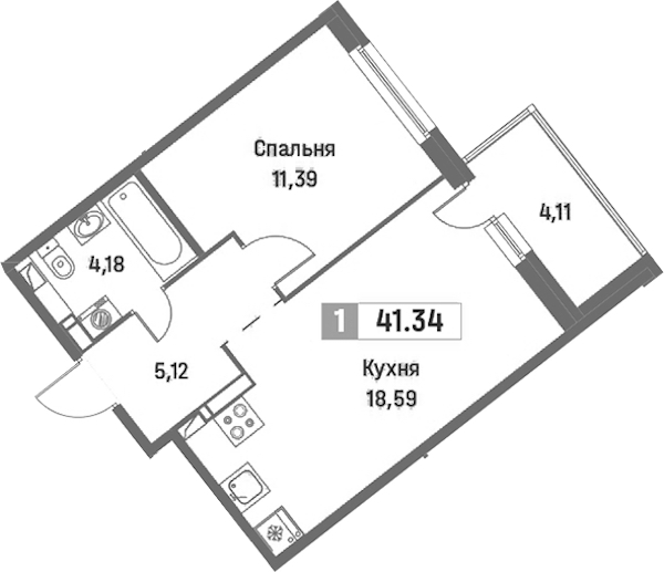 1-комнатная квартира 41.34 м², 11/16 эт., ЖК «Фотограф»