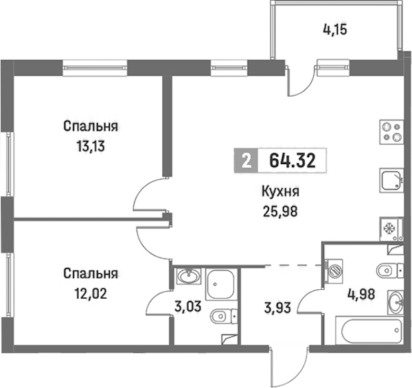2-комнатная квартира 64.32 м², 2/16 эт., ЖК «Фотограф»