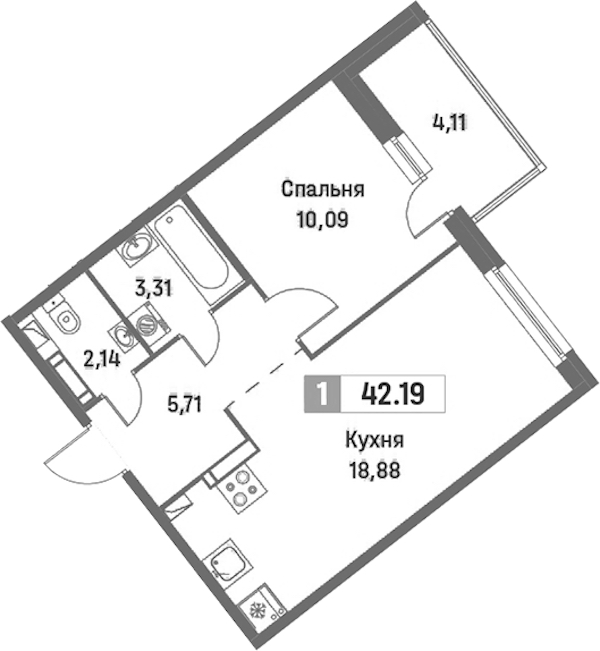 1-комнатная квартира 42.19 м², 12/16 эт., ЖК «Фотограф»