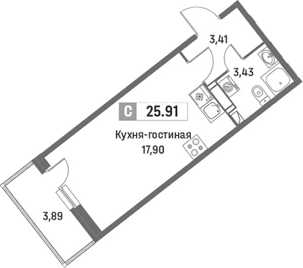 Квартира студия 25.91 м², 12/16 эт., ЖК «Фотограф»