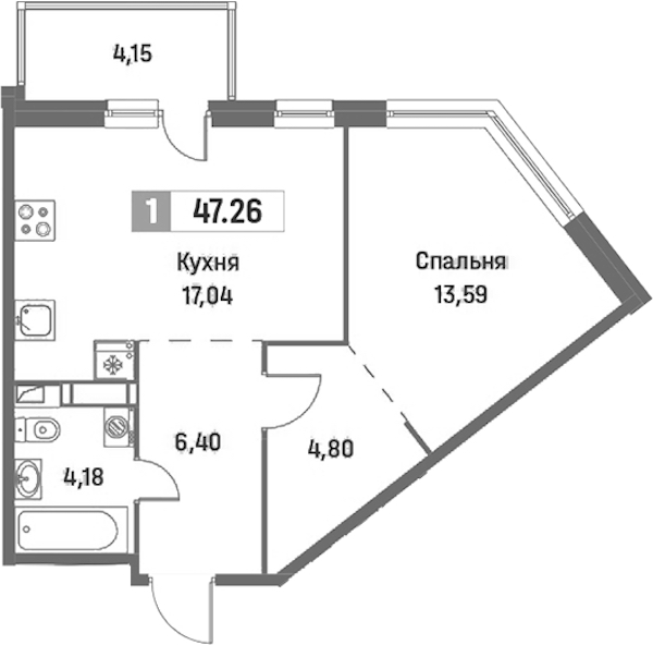 1-комнатная квартира 47.26 м², 3/16 эт., ЖК «Фотограф»