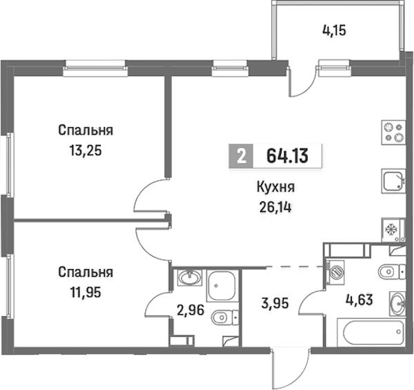 2-комнатная квартира 64.13 м², 12/16 эт., ЖК «Фотограф»
