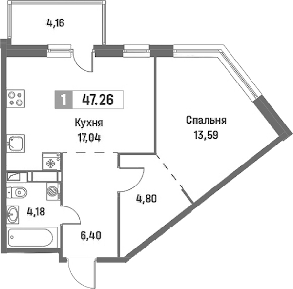1-комнатная квартира 47.26 м², 13/16 эт., ЖК «Фотограф»
