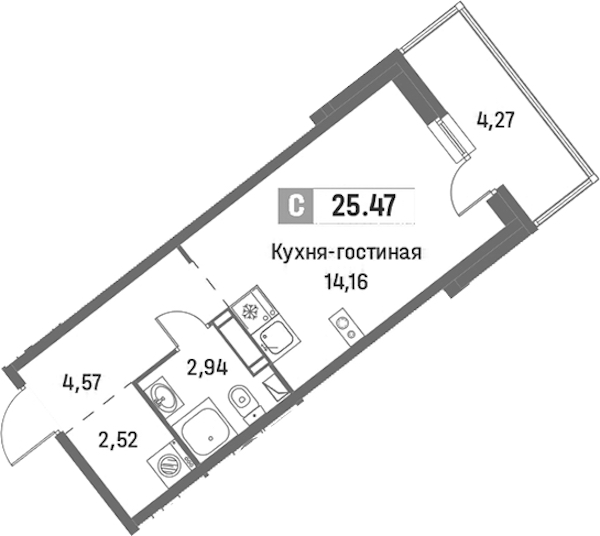Квартира студия 25.47 м², 13/16 эт., ЖК «Фотограф»