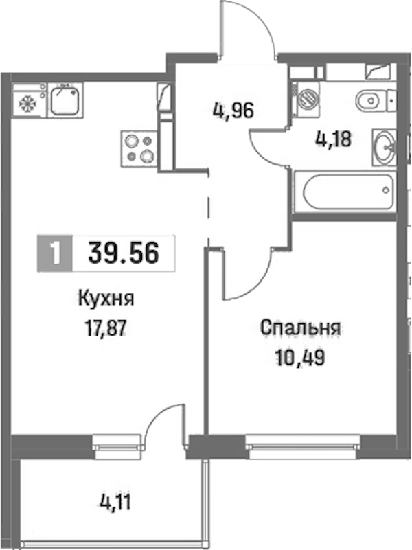 1-комнатная квартира 39.56 м², 14/16 эт., ЖК «Фотограф»