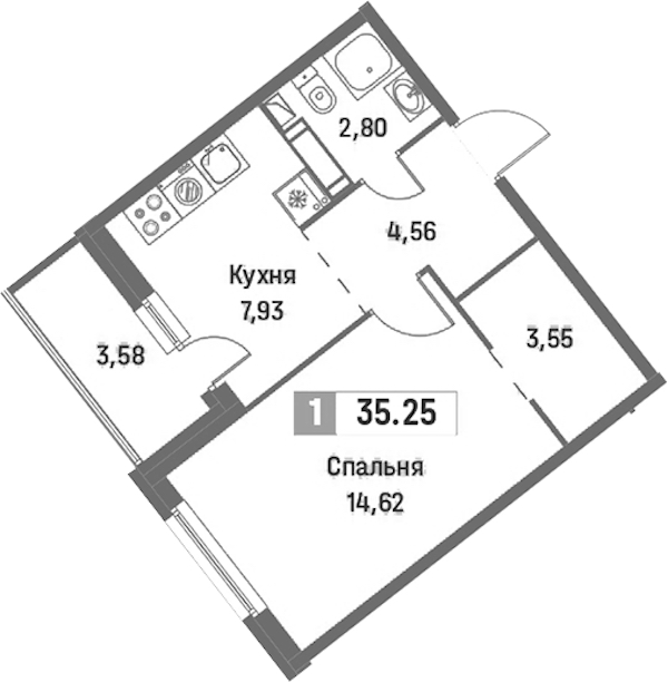 1-комнатная квартира 35.25 м², 16/16 эт., ЖК «Фотограф»