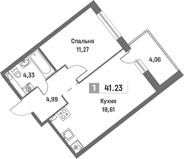1-комнатная квартира 41.23 м², 2/16 эт., ЖК «Фотограф»