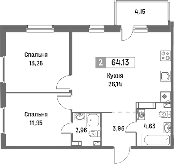 2-комнатная квартира 64.13 м², 3/16 эт., ЖК «Фотограф»
