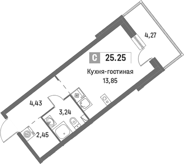 Квартира студия 25.25 м², 2/16 эт., ЖК «Фотограф»