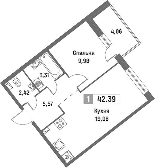 1-комнатная квартира 42.39 м², 2/16 эт., ЖК «Фотограф»