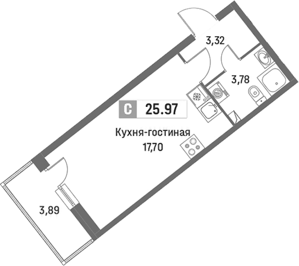 Квартира студия 25.97 м², 2/16 эт., ЖК «Фотограф»