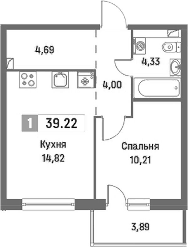 1-комнатная квартира 39.22 м², 2/16 эт., ЖК «Фотограф»
