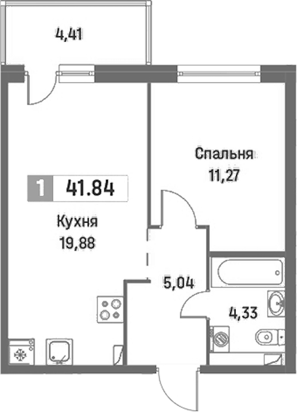 1-комнатная квартира 41.84 м², 2/16 эт., ЖК «Фотограф»