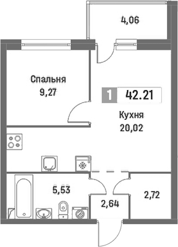 1-комнатная квартира 42.21 м², 2/16 эт., ЖК «Фотограф»