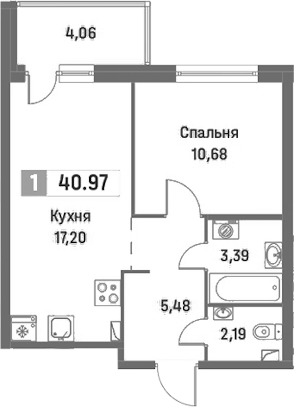 1-комнатная квартира 40.97 м², 2/16 эт., ЖК «Фотограф»