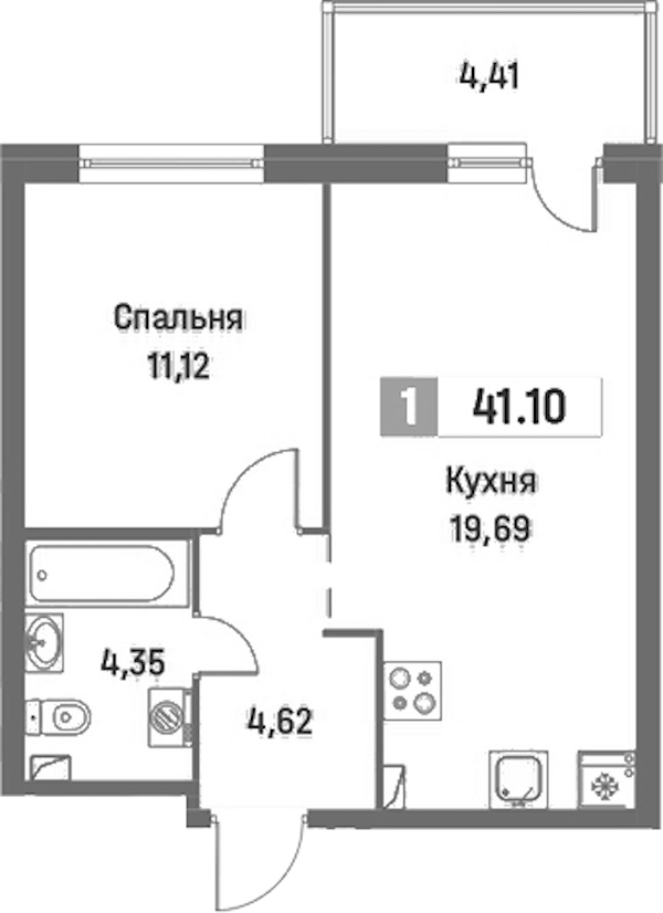 1-комнатная квартира 41.1 м², 2/16 эт., ЖК «Фотограф»